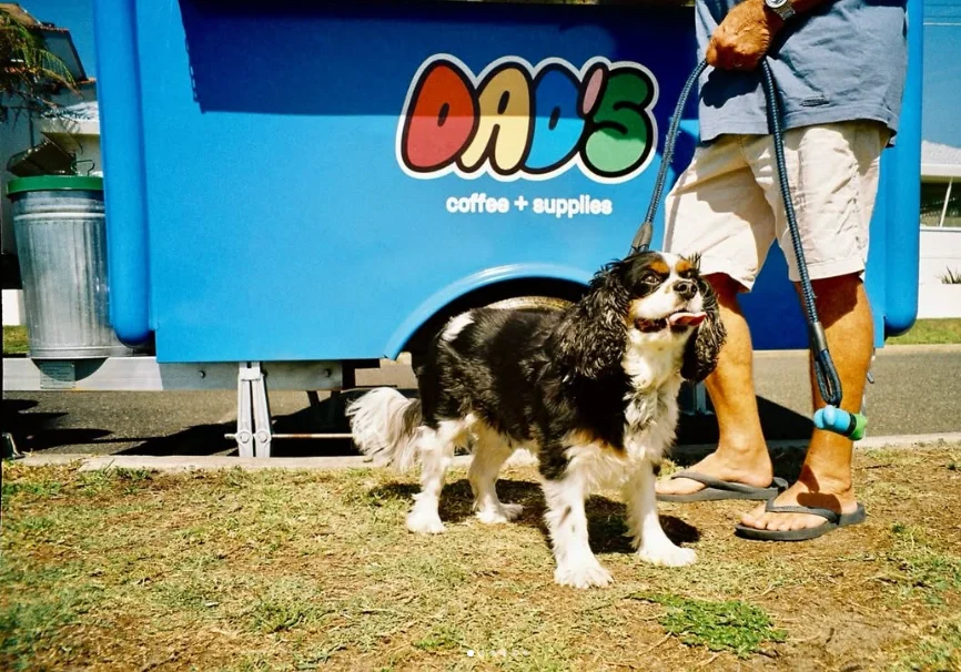 A spaniel on a lead in front of the blue Dad's coffee trailer